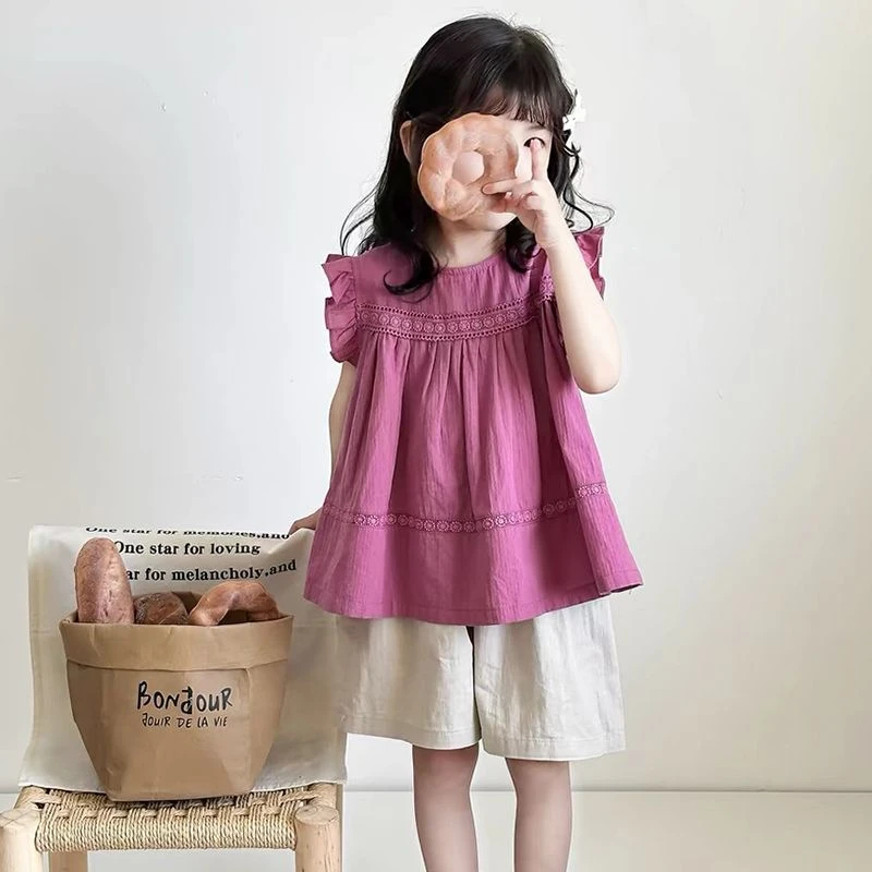 【热推爆款】女童韩版洋气公主背心衬衫童装夏装女孩小飞袖上衣名媛