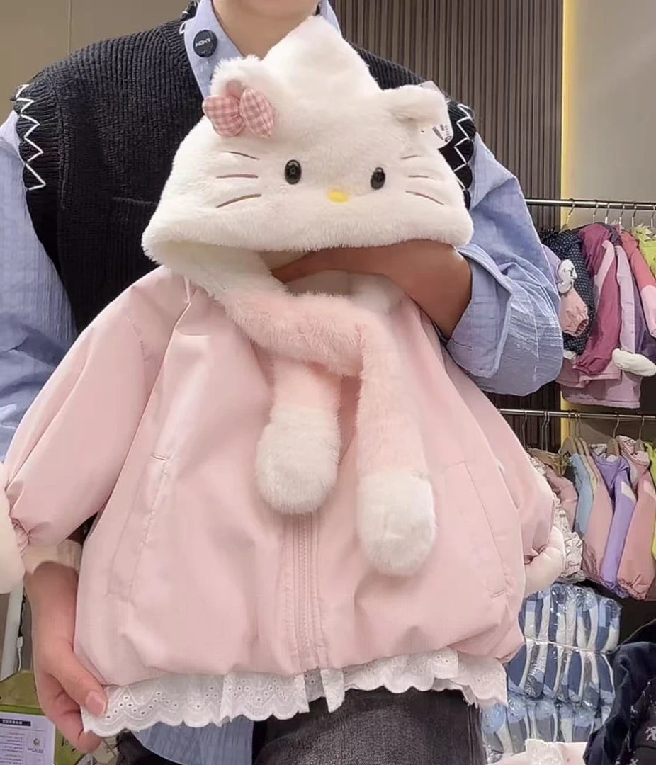 女童加绒棉服外套秋冬新款韩版宝宝加厚棉衣洋气粉色围巾棉衣
