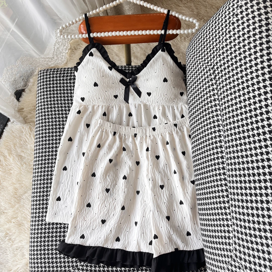 爱心云朵棉吊带睡衣两件套装女爆款2025年新款带胸垫可外穿家居服