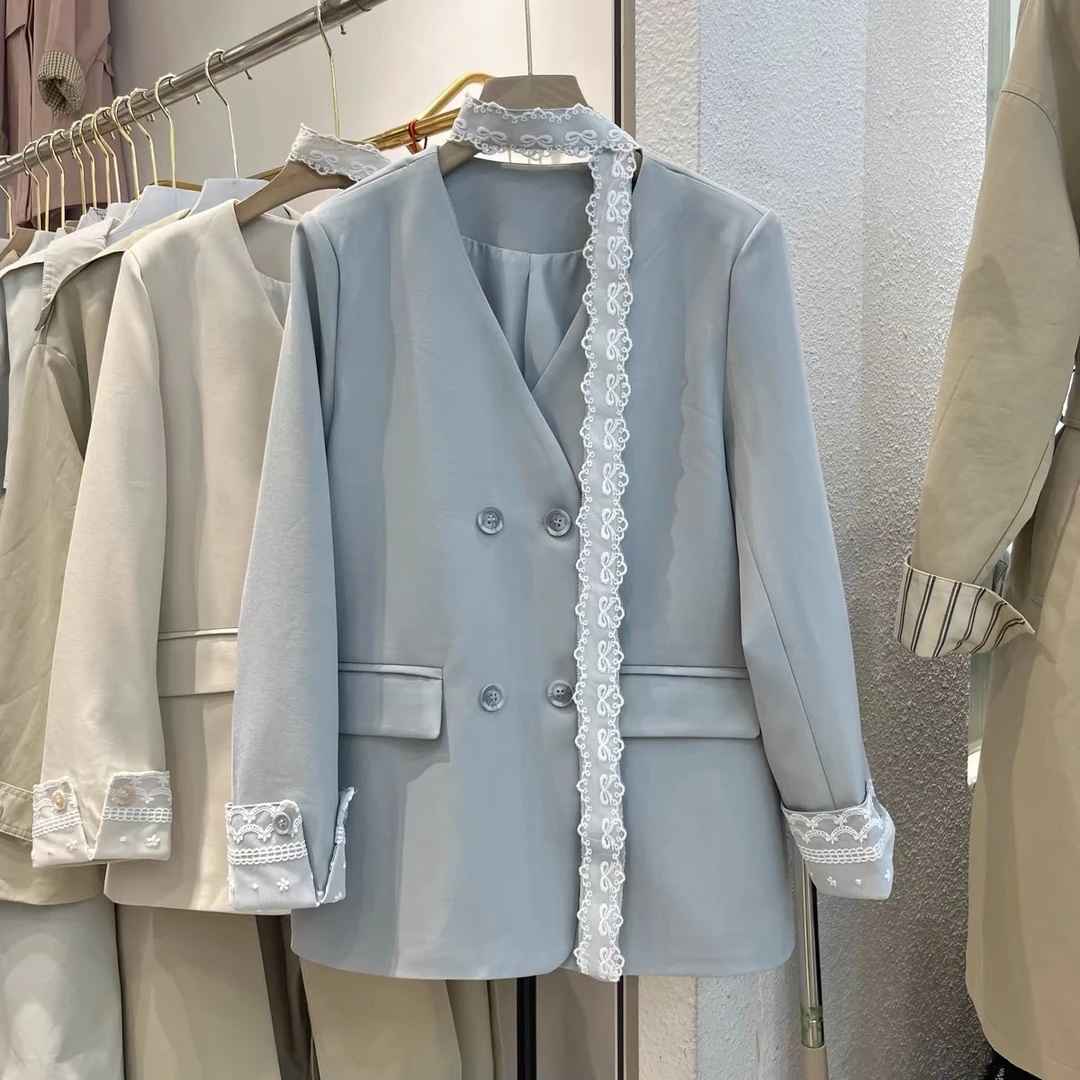 时尚蕾丝飘带V领西装外套女春秋宽松显瘦洋气减龄双排扣西服上衣