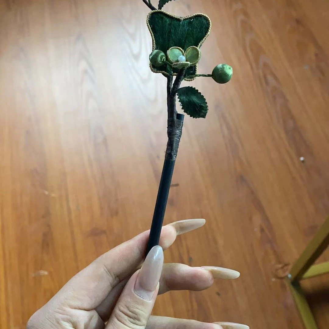 芭蕉扇|原创非遗绒花绿色掐丝芭蕉扇木簪