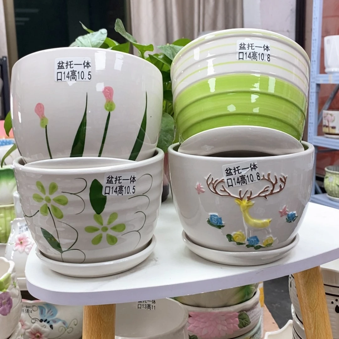 陶瓷@陶瓷花盆@@四个手绘