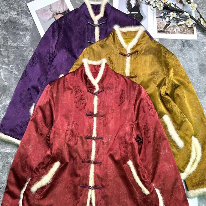 香云纱拼中式立领盘扣有口袋设计复古端庄冬季外套