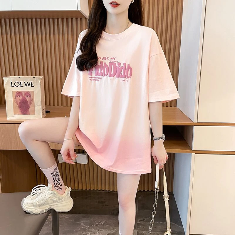 夏季休闲百搭短袖T恤女韩版大码时尚ins宽松显瘦渐变印花纯棉小衫