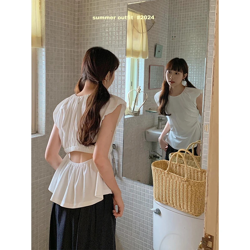 *辣妹的夏天*山本露背T设计感小衫女2025夏季新款收腰显瘦上衣