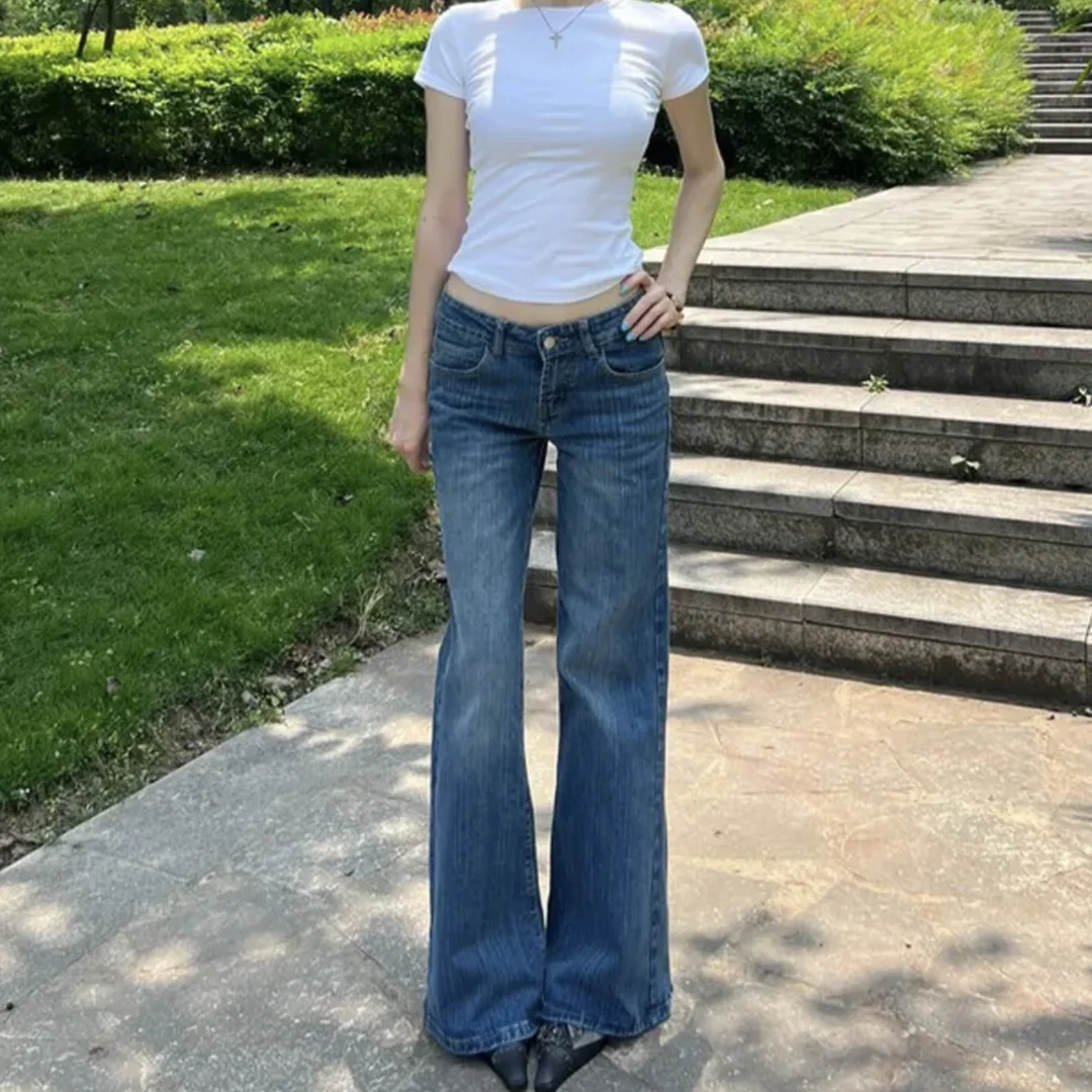 美式休闲牛仔裤女款夏季薄款裤子直筒复古辣妹百搭低腰喇叭裤ins