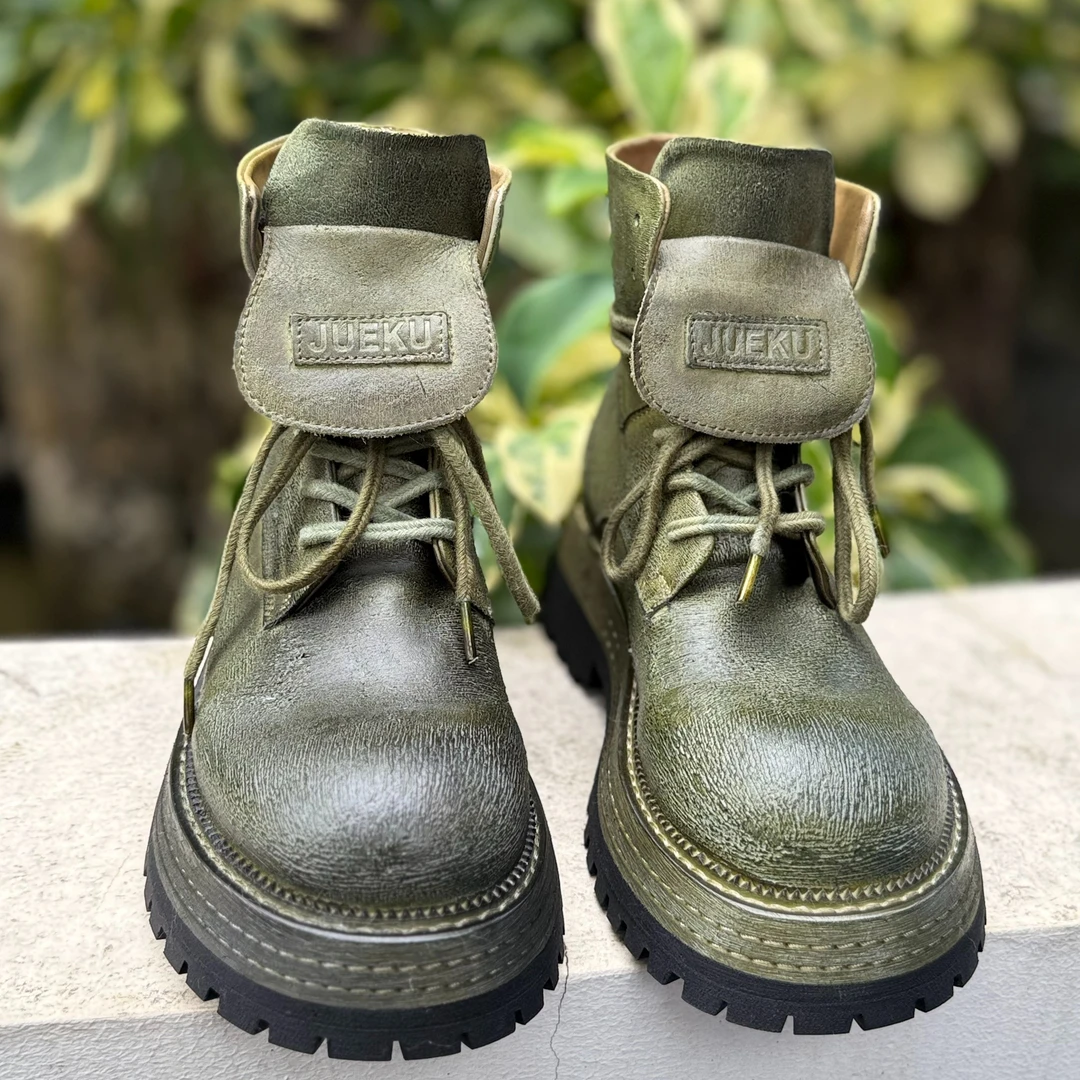 力SF原创纯手工潮流鞋靴意大利复古水洗马皮帝王绿马丁靴男女同款