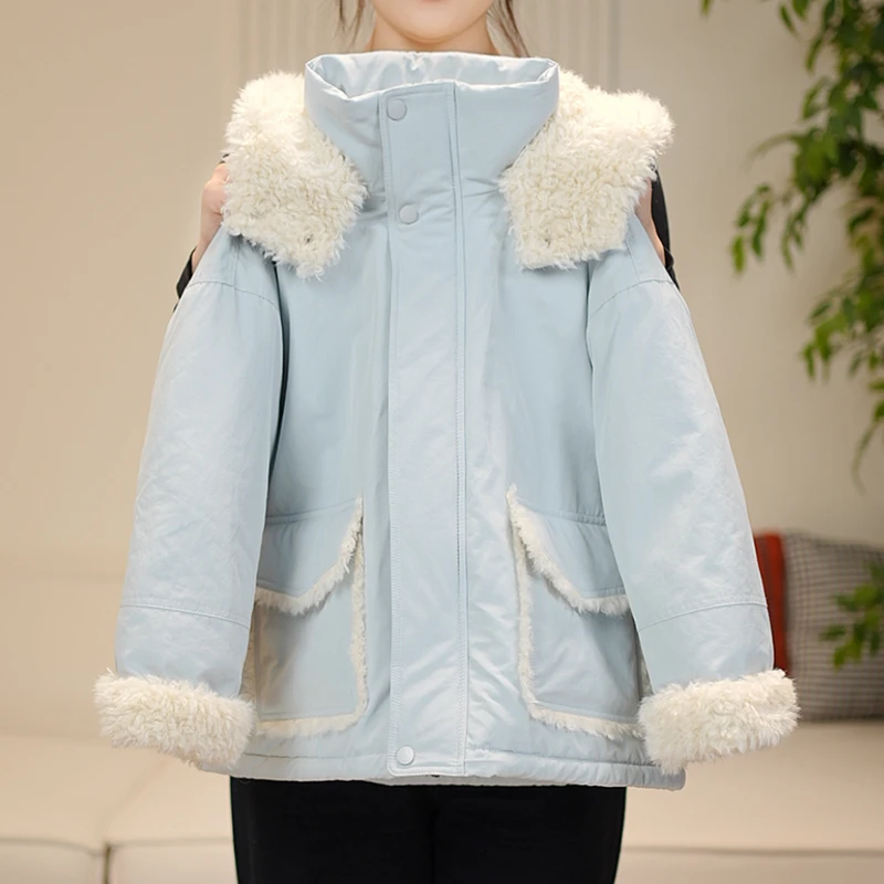 女童冬装新款外套2025冬季新款保暖毛绒拼接连帽休闲厚棉服Q62013