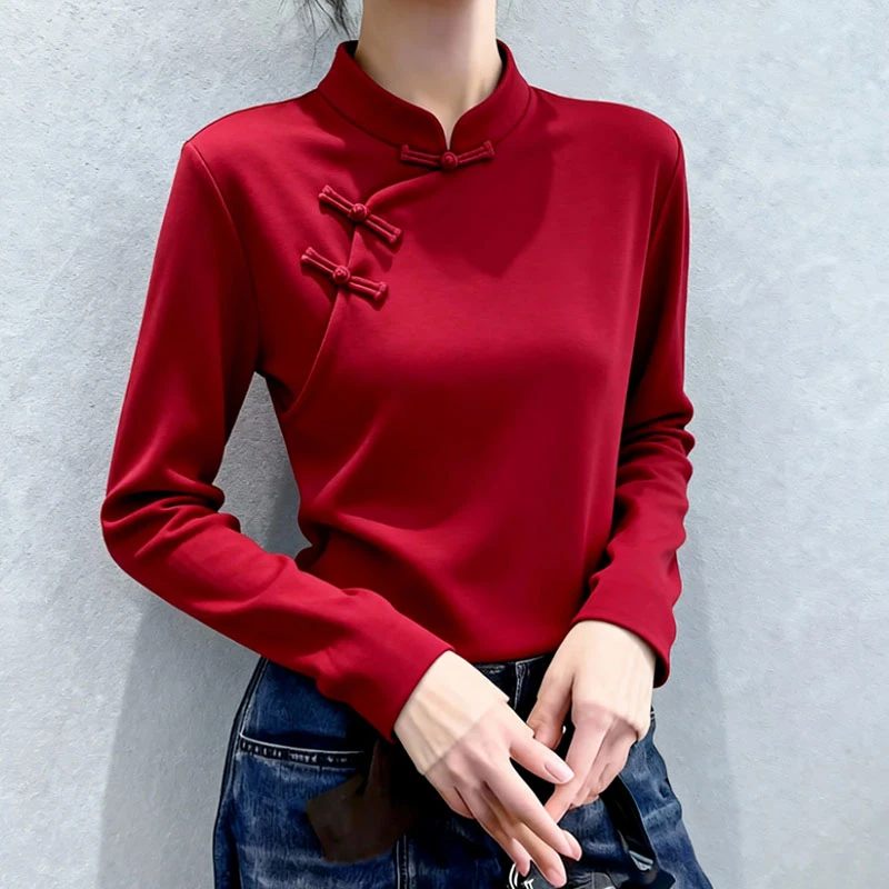 2025秋冬季新款新中式国风设计感小众洋气显瘦百搭红色上衣女爆款