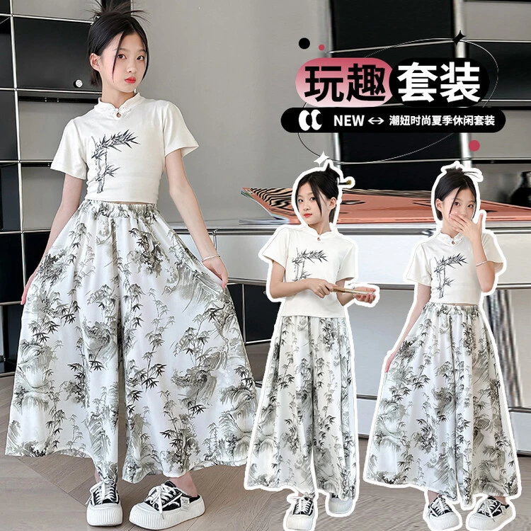 女童夏季套装2025新款洋气时尚中大童中国风儿童短袖短裙两件套装