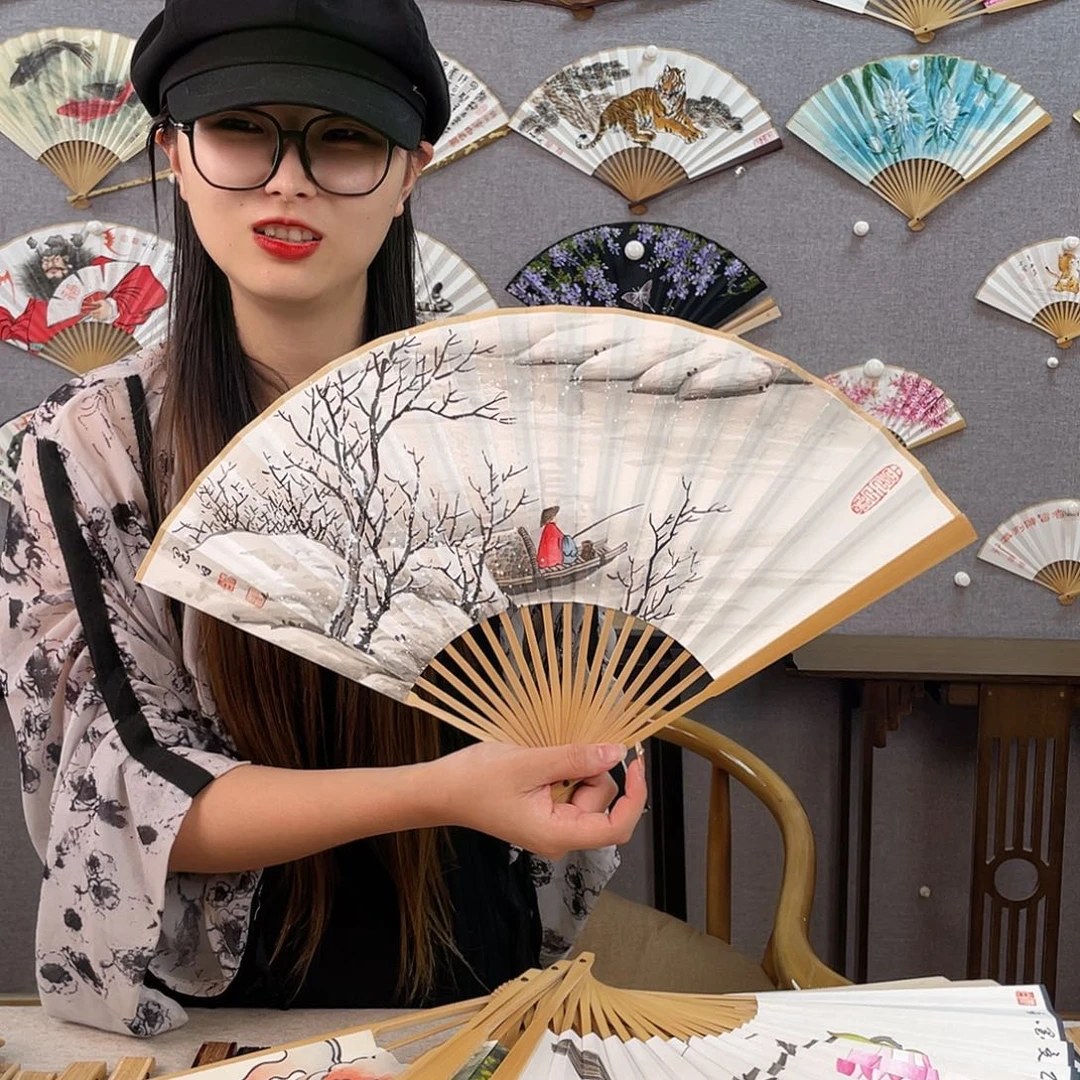国画95寸玉竹-纯手绘-文玩扇骨（默认粘好）