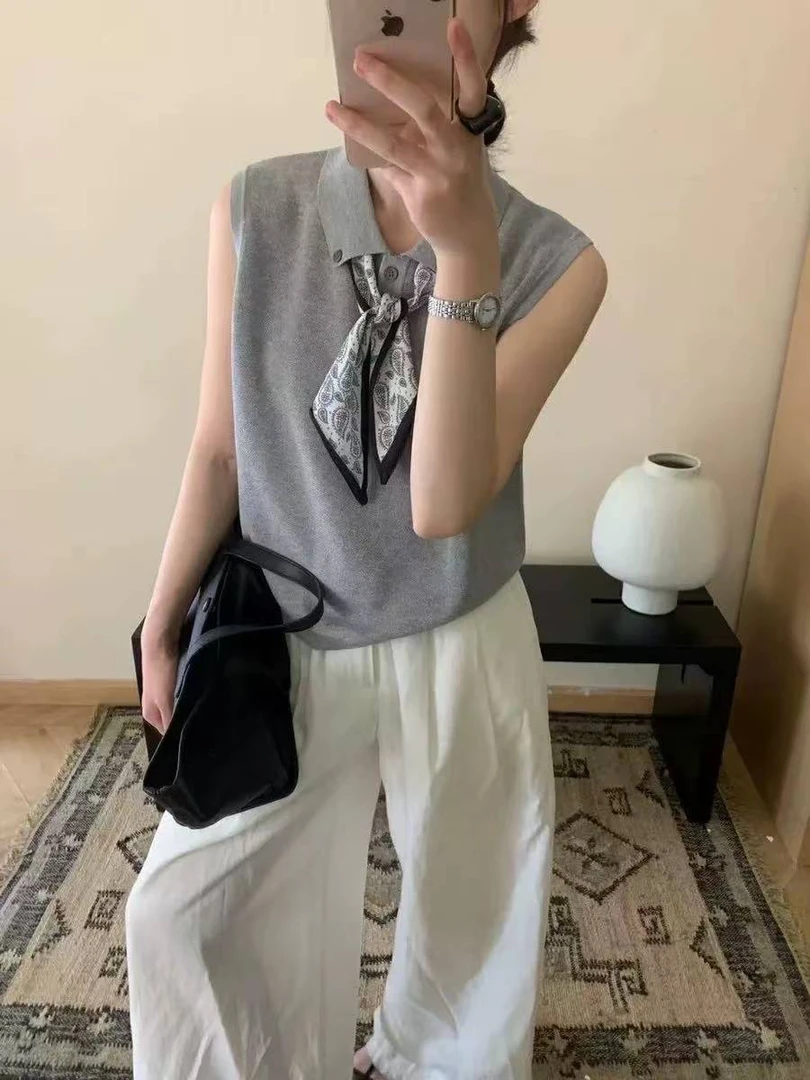 翻领丝巾系带针织衫女2025新款爆款夏季冰丝薄款无袖背心针织上衣