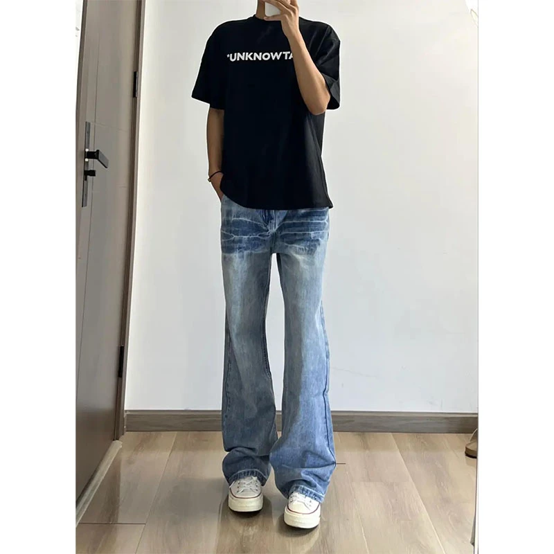 水洗蓝闪电裂纹牛仔裤男款cleanfit美式高街直筒裤微喇弯刀长裤子