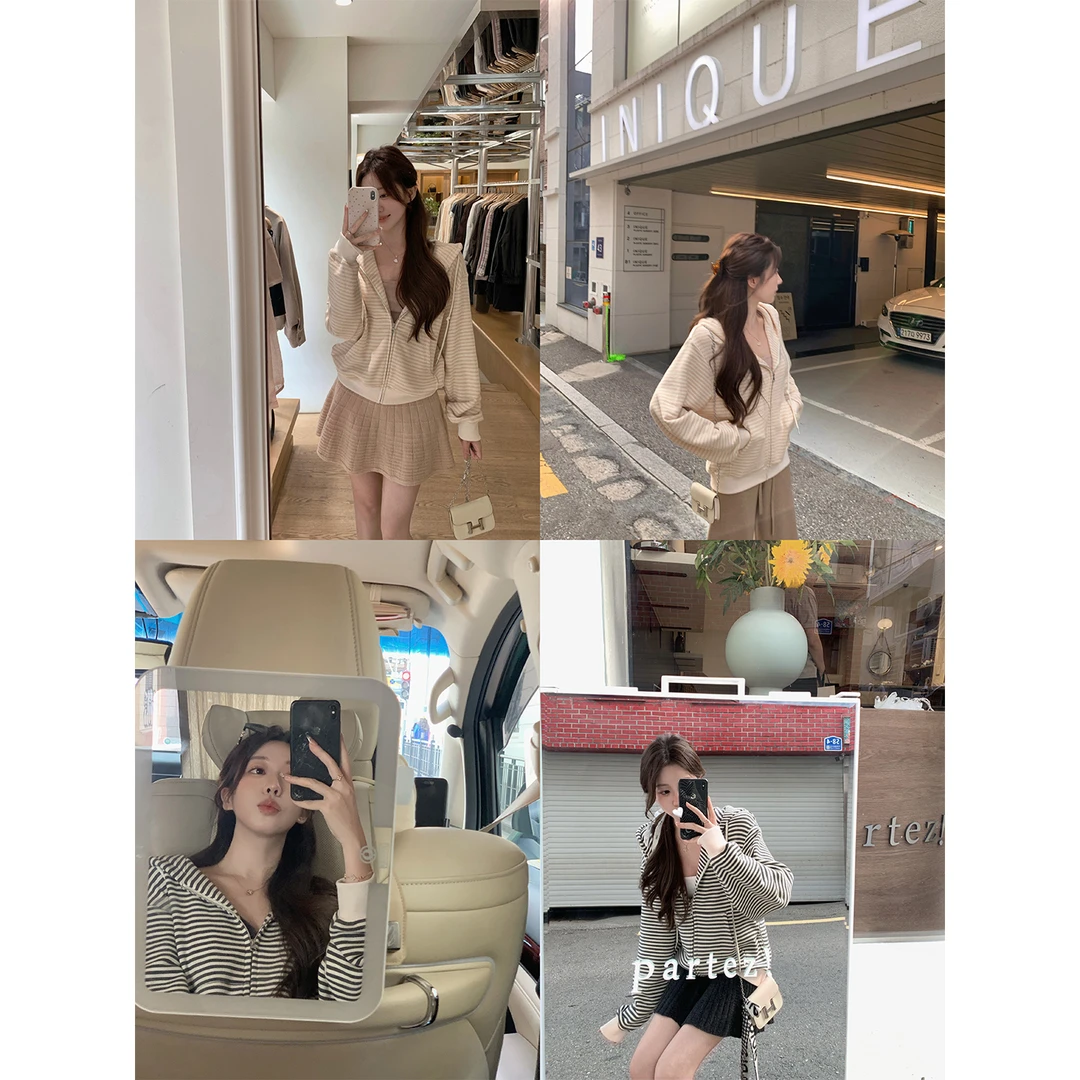 萌萌Ja 私信周末~两色休闲百搭连帽卫衣宽松通勤条纹外套上衣女秋