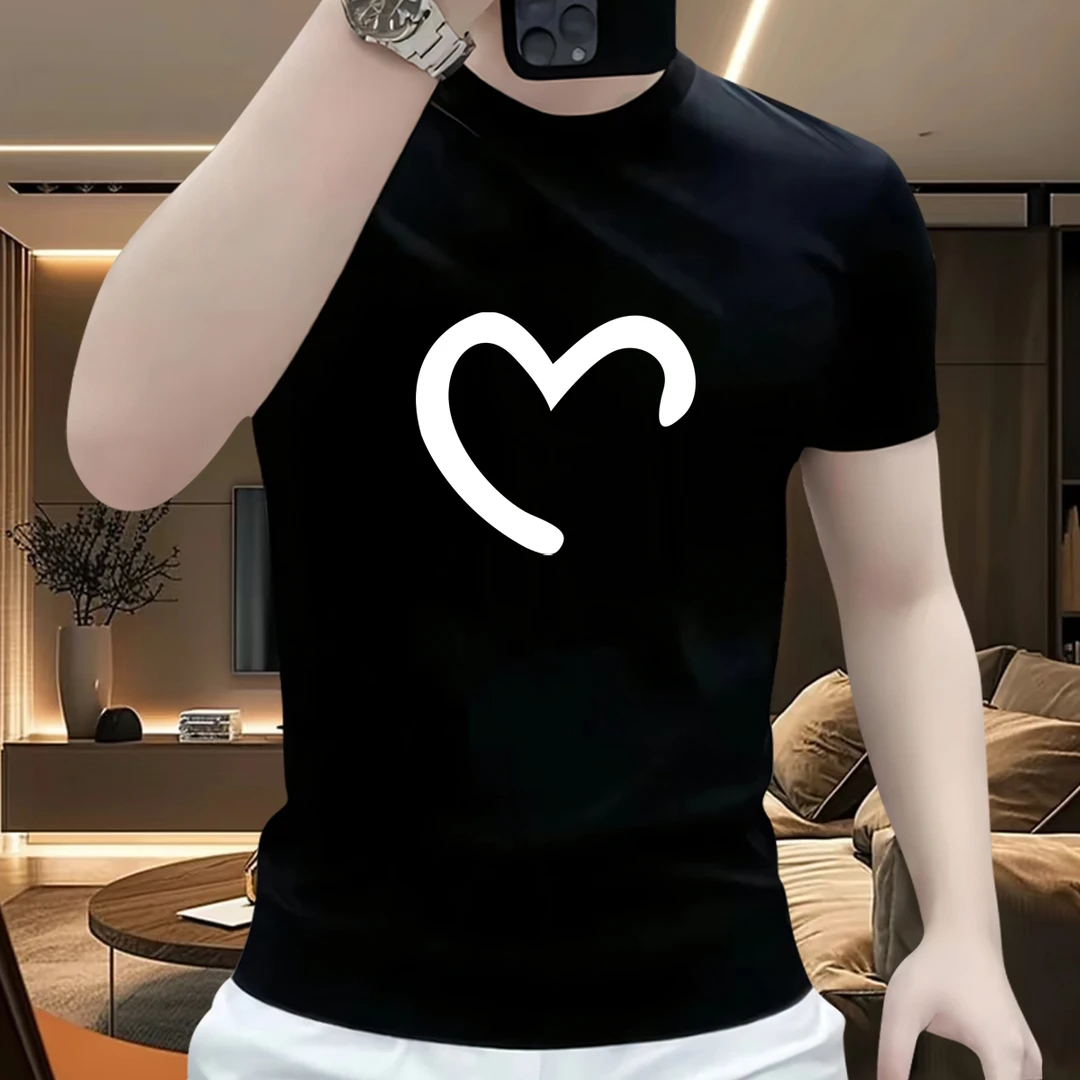 2025夏季新款时尚圆领T恤短袖男士休闲百搭爱心百搭轻奢痞帅男装