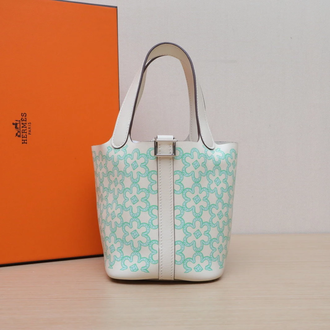 99新 Hermes/爱马仕 【娇】14 菜篮子绿花 Swift皮U刻银扣 705455