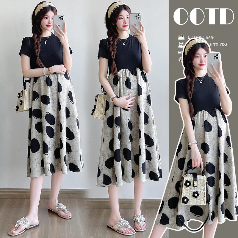孕妇装2025夏季新款圆领波点设计感拼接假两件孕妇连衣裙外穿