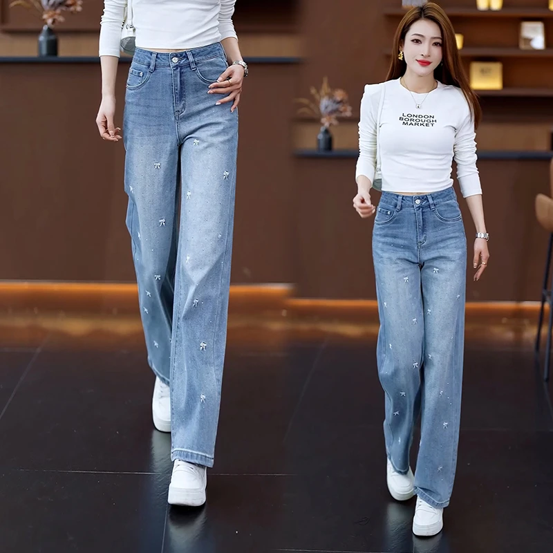 欧若风刺绣阔腿牛仔裤女2025年春季新款宽松拖地长裤直筒牛仔裤子