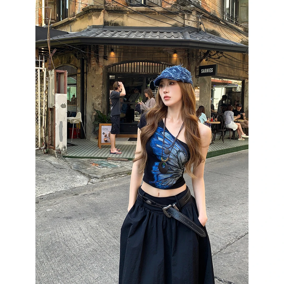 DREAM SEVEN77斜肩蝴蝶印花短款T恤女2025年夏季新款短袖针织上衣