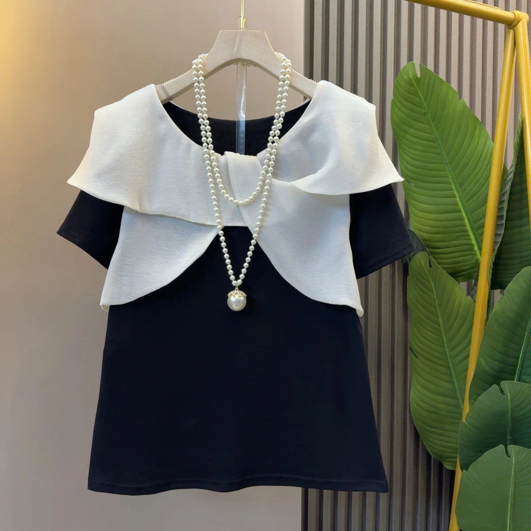 法式大码胖妹妹夏季新款拼色时尚洋气设计显瘦气质T恤衣长62左右