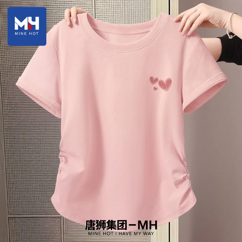 唐狮集团MH短袖t恤女夏季2025抽褶修身半袖短款chic辣妹韩系上衣