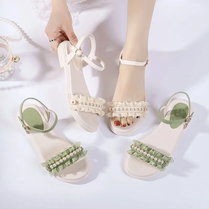 仙女风沙滩凉鞋2025夏季新款配裙子平底学生时尚一字带珍珠凉鞋女