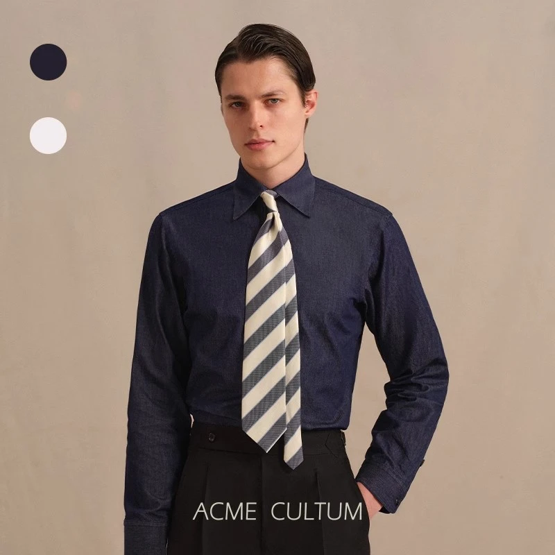 【天然靛蓝染】AC春季新款纯棉八字领原色牛仔衬衫男休闲长袖衬衣