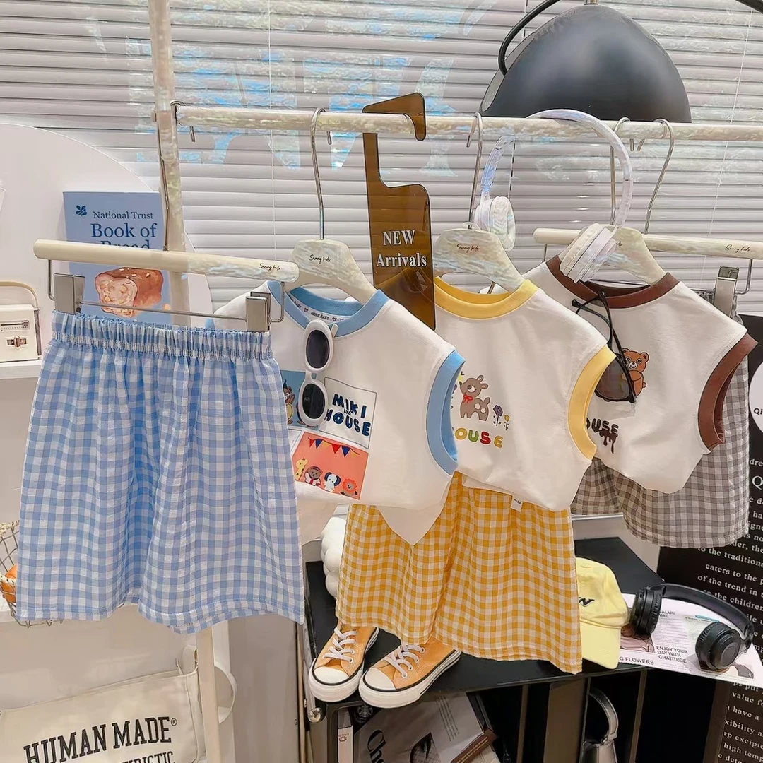 夏季新款百搭涂鸦背心格子t恤短裤两件套男女童可爱套装卡通无袖