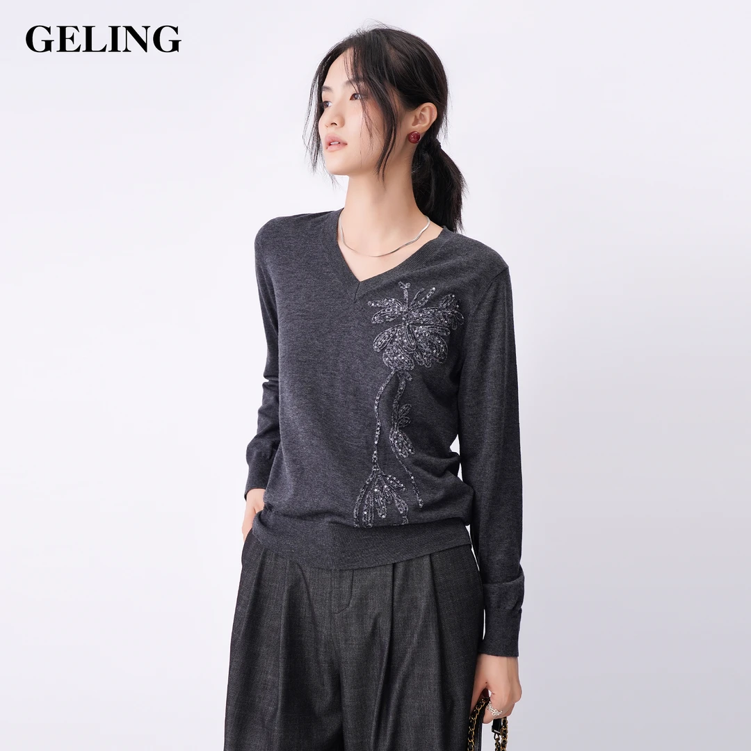 秋季新款羊毛V领珠绣毛衫G507老钱风松弛感女装贵气