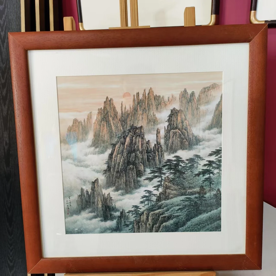 【007】40*40山水画花梨色纯实木框家居装饰挂墙画