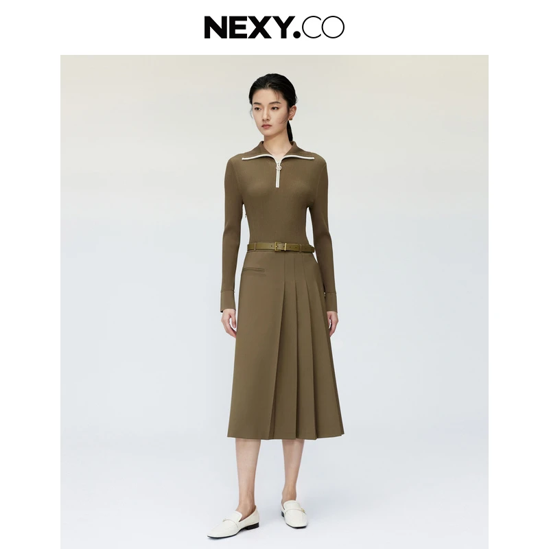 NEXY.CO/奈蔻显瘦气质长袖针织时尚复古收腰长款连衣裙XF05852E4