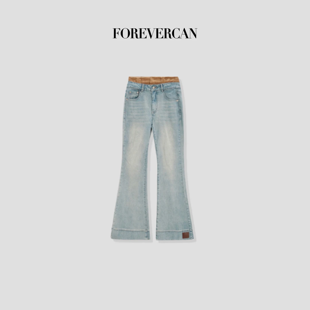 FOREVERCAN“人鱼裤”复古做旧洗水微喇叭通勤牛仔裤SP19216