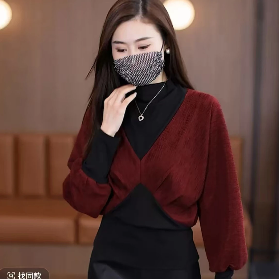 ZA06气质轻奢拼接酒红色显瘦复古衬衫女春秋新款百搭上衣