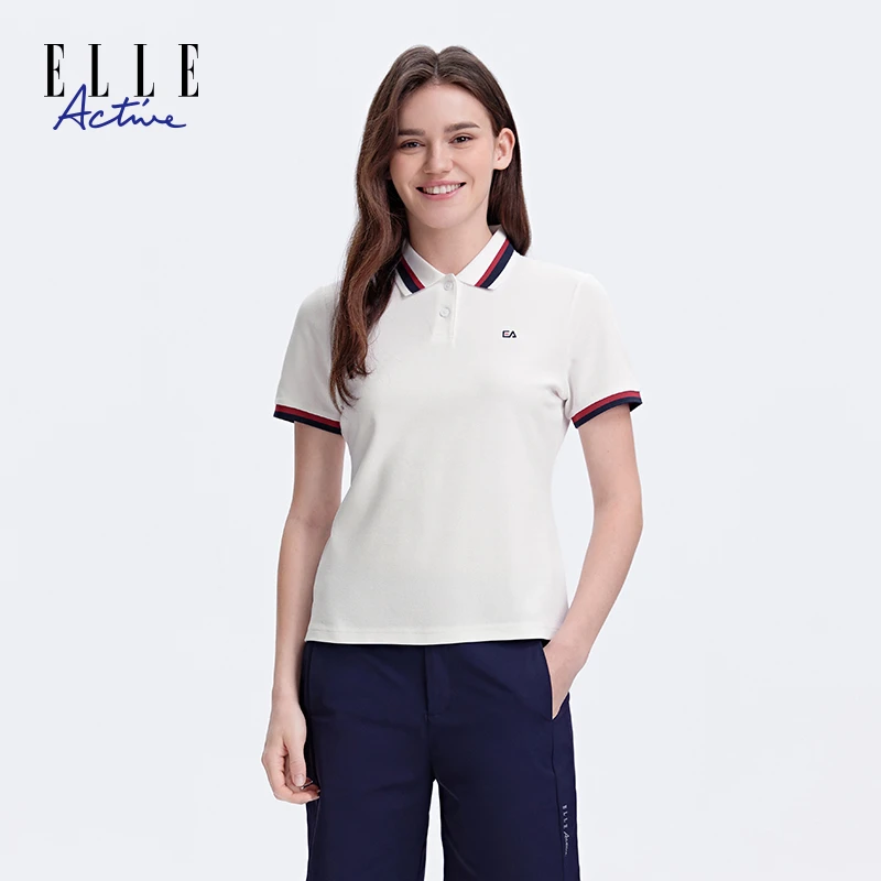 ELLE Active短袖polo衫女2025新款撞色翻领t恤衫商务休闲通勤上衣