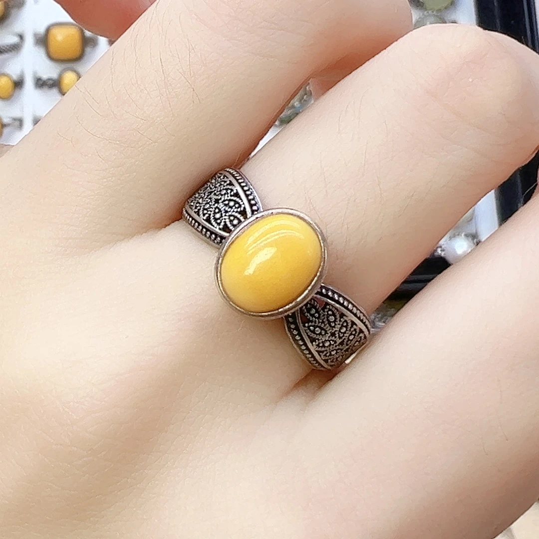 蜜蜡银S925镶嵌戒指，