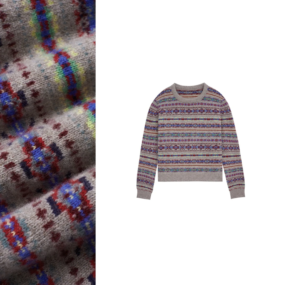 【大C严选】奢牌！重磅密实100澳毛彩色提花套头复古条纹羊毛衫~