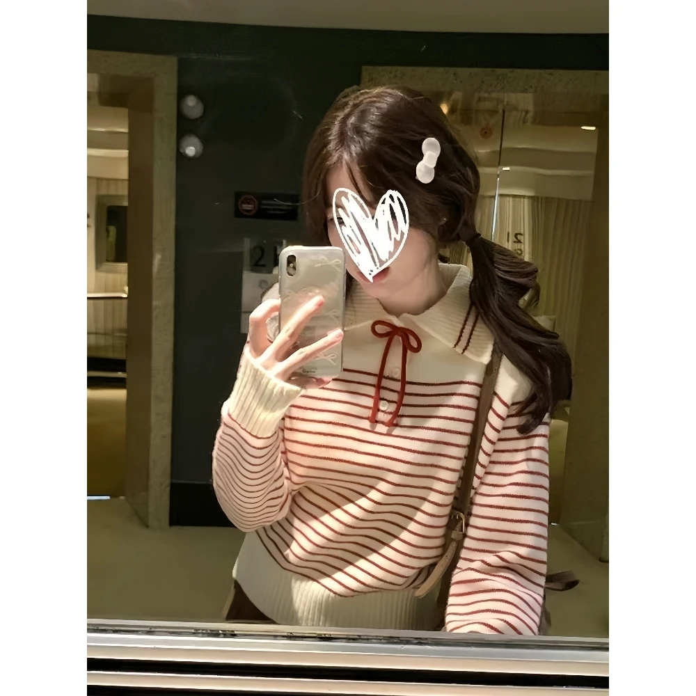 韩系翻领条纹针织绑带毛衣女2025秋冬新款减龄甜美百搭短款针织衫