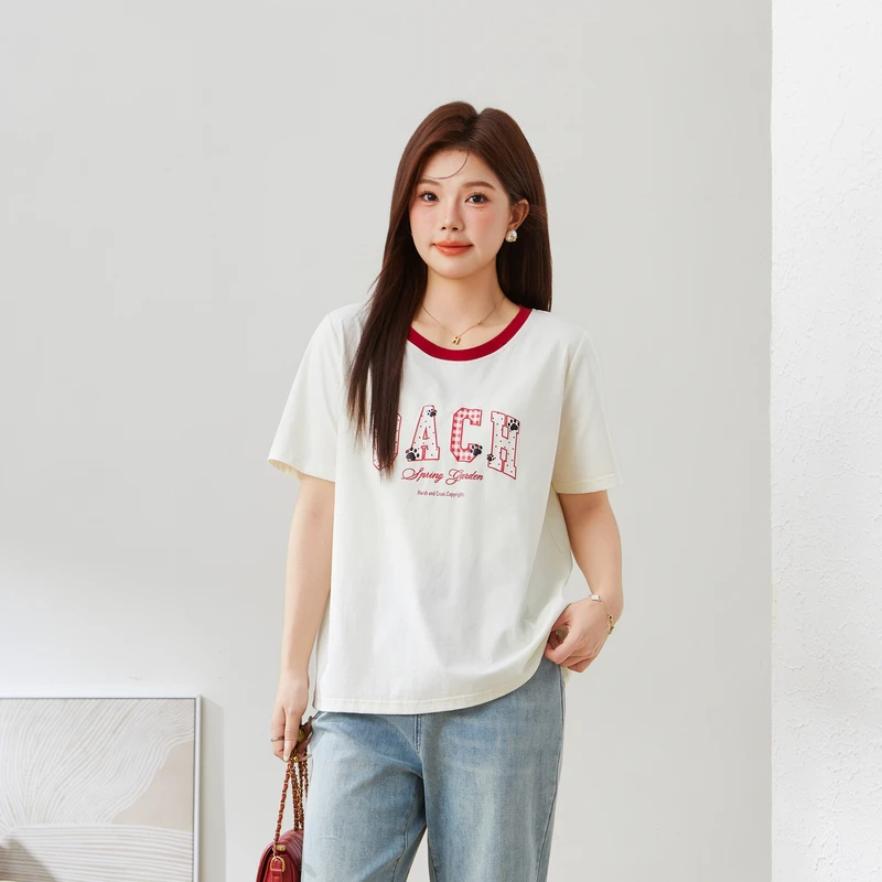 采多宝T恤女装领子撞色凉感印花T恤EXZ5373