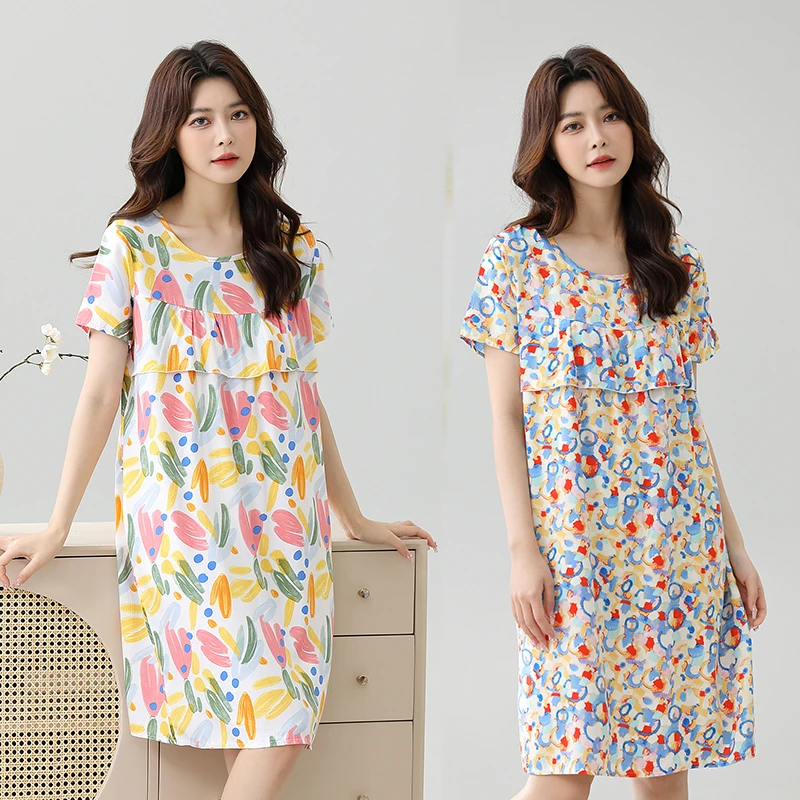 防凸点棉绸睡裙薄款短袖连衣裙妈妈装夏季宽松大码家居服外穿睡裙