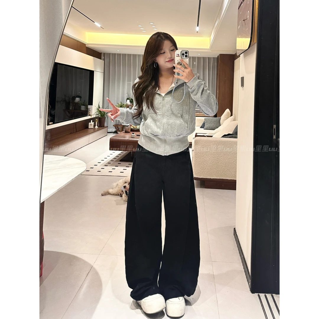 6744#美式黑色大弯刀牛仔裤男女宽松简约百搭大码显瘦设计感裤子