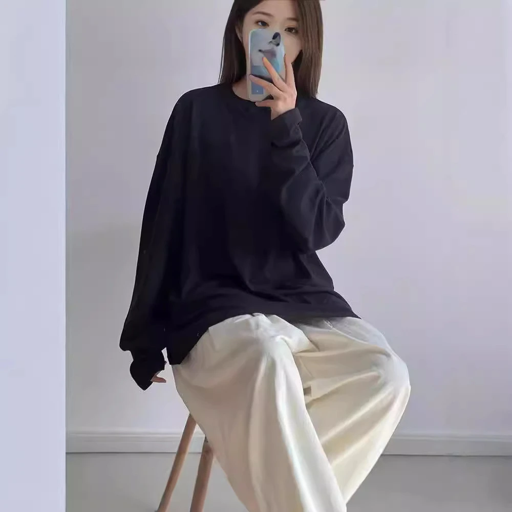 女学生ins新款打底春秋T恤上衣宽松中长款直销长袖韩版白色