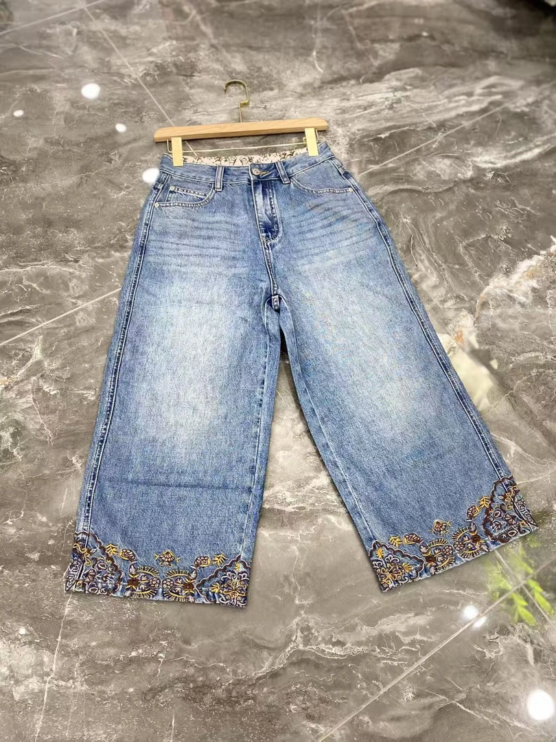 深圳原单高腰刺绣休闲牛仔裤女欧货夏季新款复古百搭八分裤