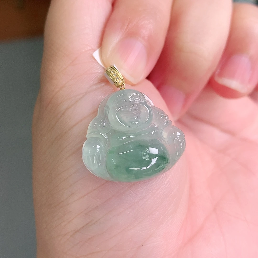 翡翠18K金镶嵌颈饰冰晴飘绿佛公20-22-5