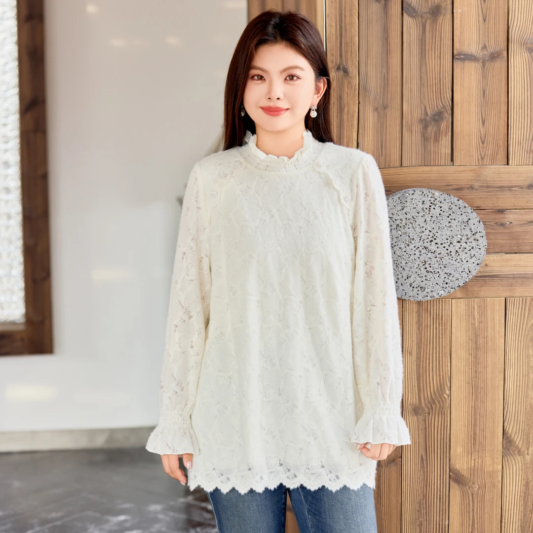 【磨毛提花蕾丝衫】MsShe大码女装2025冬装半高领打底上衣M2510088