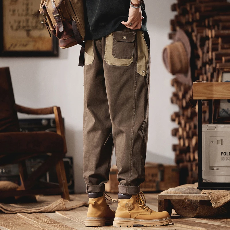 潮牌撞色拼接工装裤男士春秋2026新款宽松弹力休闲裤锥形直筒长裤