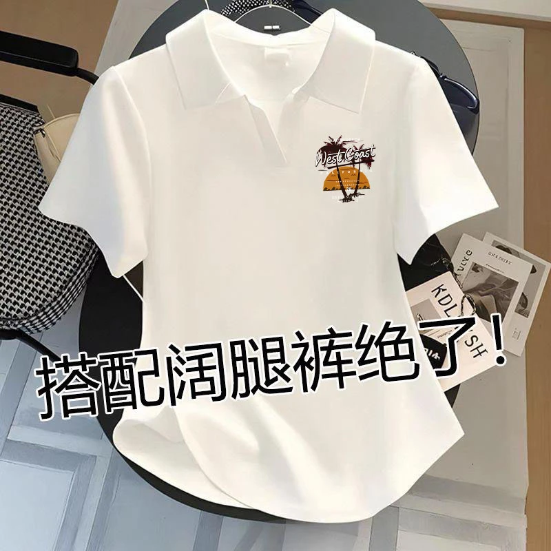 纯棉翻领短袖t恤女2025夏季新款小众设计感ins宽松百搭印花POLO衫