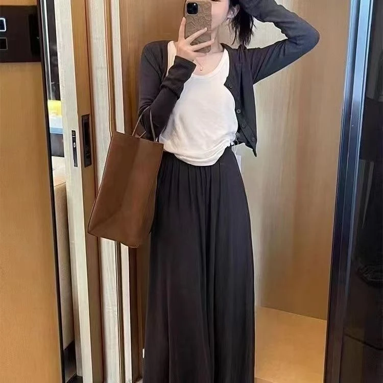 春夏季休闲韩版气质百搭开衫+背心+显瘦高腰半身裙三件套套装