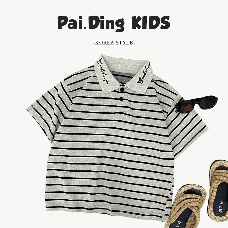 【小首尔】Q现货-夏儿童韩版经典撞色条纹POLO领宽松短袖T恤SJ5884