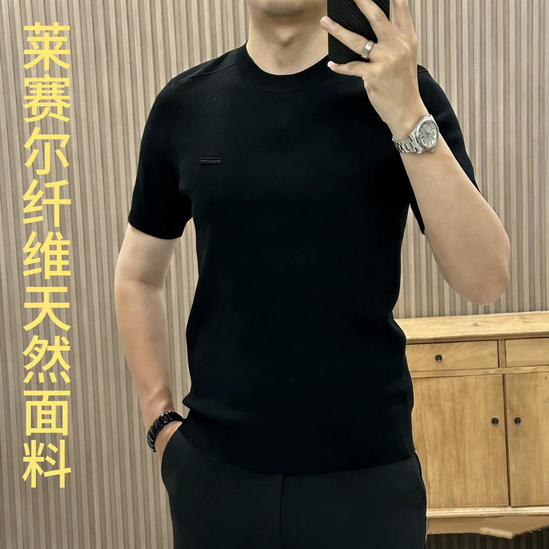 欧货男士秋冬圆领纯色针织衫潮流简约商务短袖毛衣修身百搭打底衫