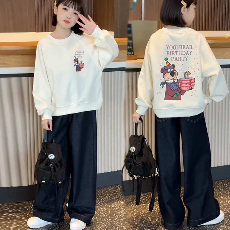 女童牛仔裤套装春秋2025新款长袖套头卫衣中大童直筒阔腿裤两件套